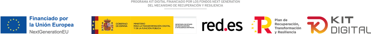 Logotipos oficiales: Financiado por la Unión Europea – NextGenerationEU; Gobierno de España (con bandera) – Ministerio para la Transformación Digital y de la Función Pública; Red.es; Plan de Recuperación, Transformación y Resiliencia; Kit Digital.